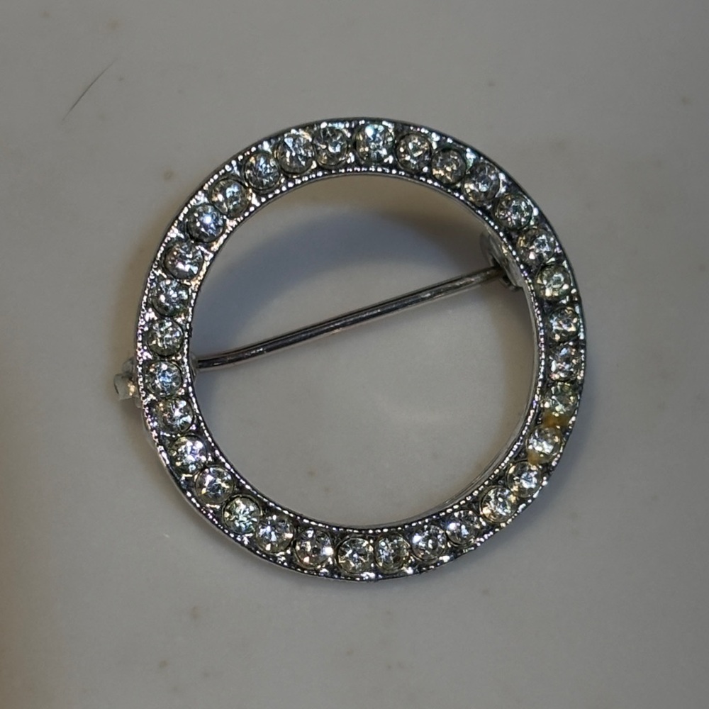Vintage Open Circle Rhinestone Brooch Silver Tone Mid Century Minimalist